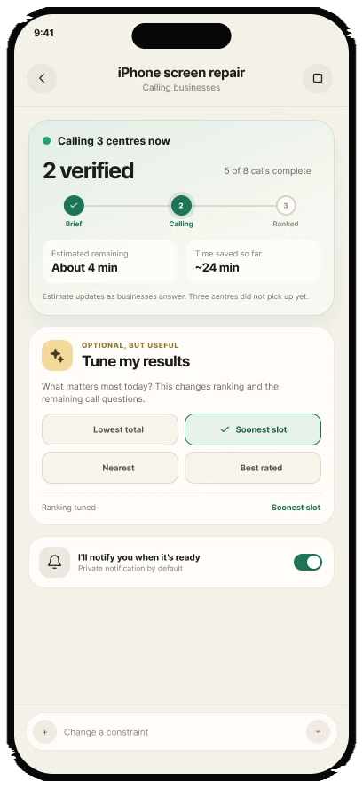 Aurora AI live calling progress and preference tuning screen