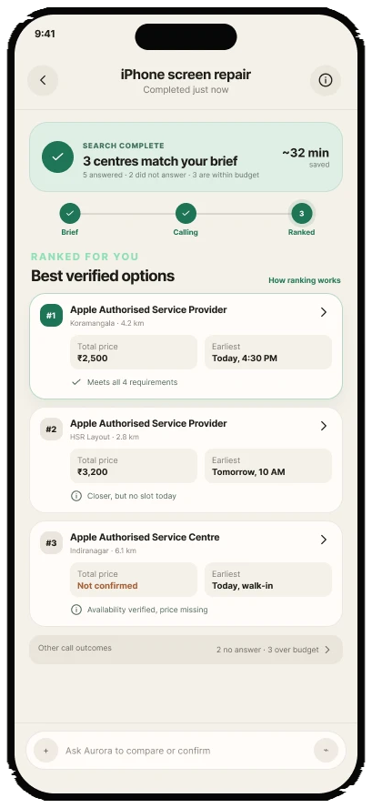 Aurora AI ranked service-centre results inside chat