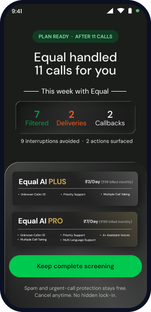 Equal AI earned paywall with handled-call proof and plan choices