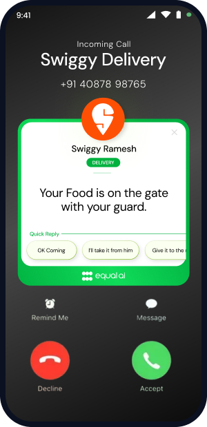 Equal AI Green Card shown during a Swiggy delivery call