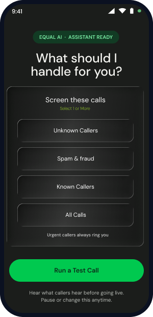 Equal AI trust contract screen for choosing calls and running a test call