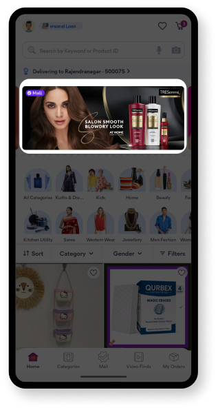 Meesho Mall discovery screen showing the Mall entry and branded shopping experience