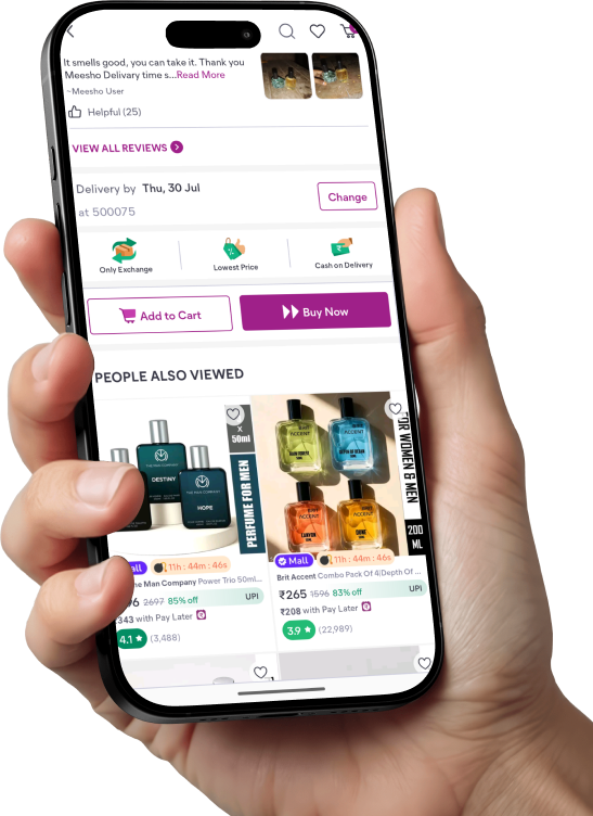 Meesho Mall product page shown in a hand-held phone mockup